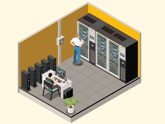 Illustration of a server room with a technician monitoring racks